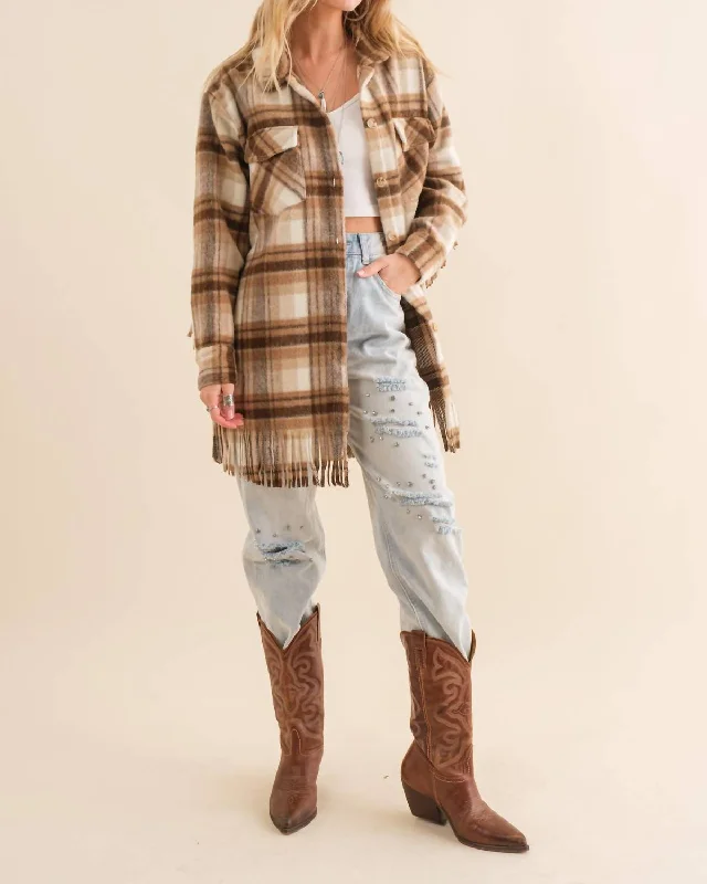 Plaid Fringe Shacket In Brown/ivory