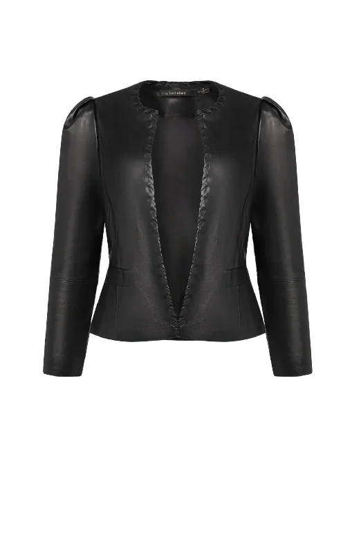 Women's Lamb Leather Puffy Sleeves Crop Jacket In Black