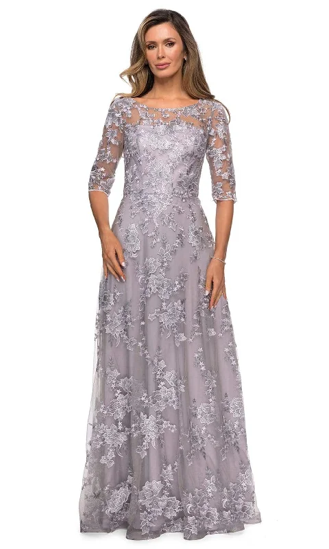 La Femme - 27854 Embroidered Lace Quarter Sleeve A-Line Dress