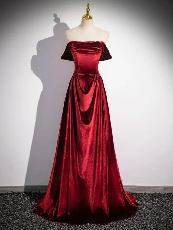 Burgundy Velvet Elegant A-Line Off Shoulder Formal Party Dress, DP2473