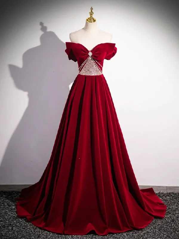 Red Velvet Sequins Long Prom Dress Elegant Off the Shoulder A-Line Formal Dress, DP2471